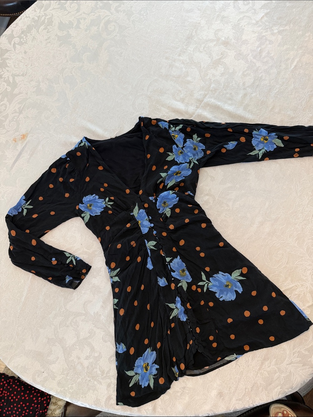 Free People Black Dress with Blue Floral & Rust Polka Dots